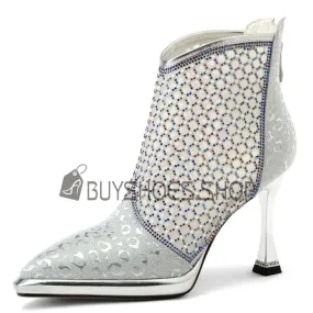 Argenté Filet Moderne Talons Aiguilles Avec Strass Ceremonie Talons Hauts Bottine Paillettes Bottines D Été Chaussure De Soirée