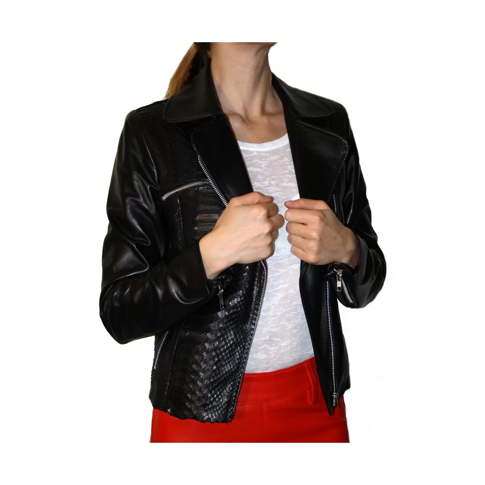 Blouson cuir femme python véritable et agneau plongé modèle Léota