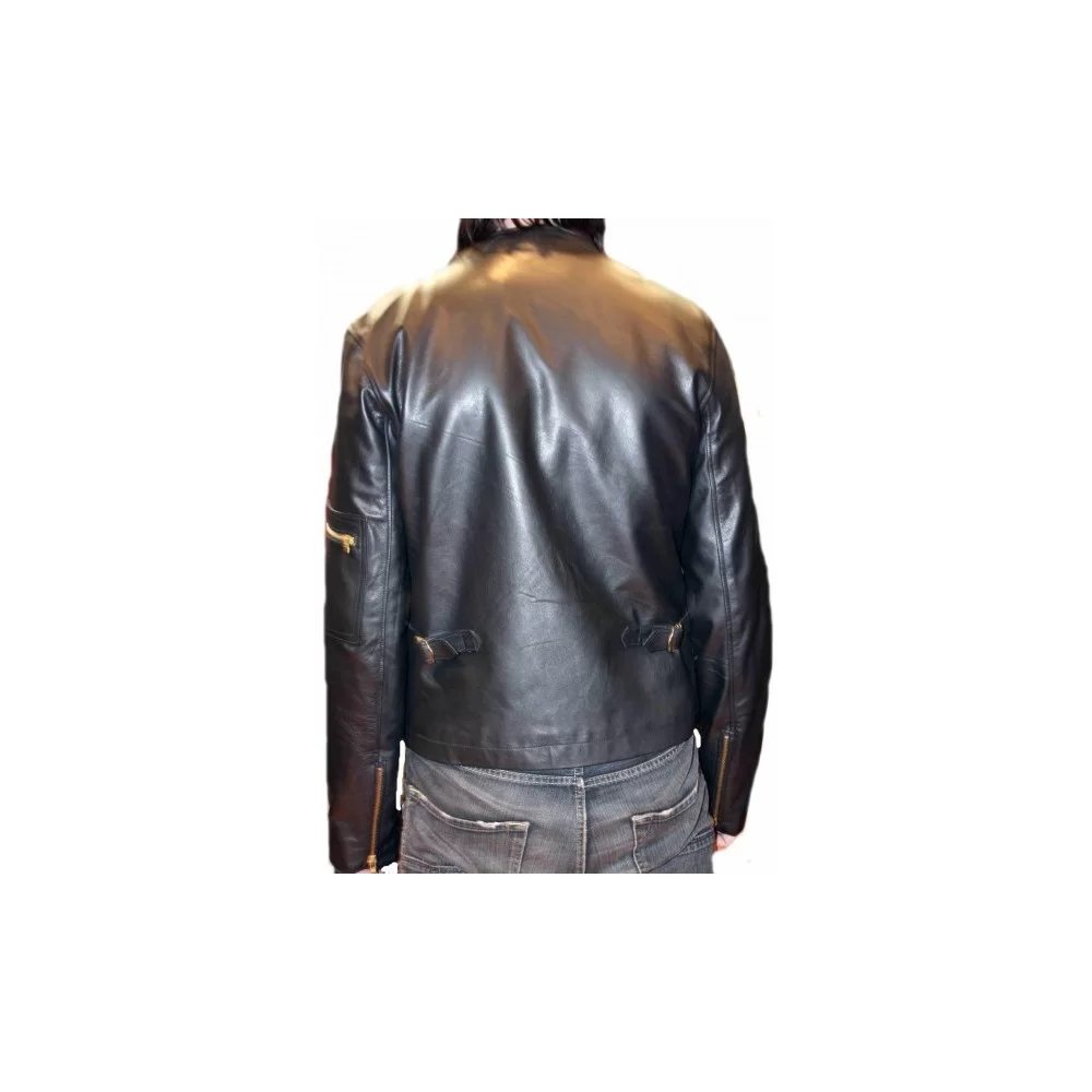 Blouson cuir homme vachette plongé noir et bandes bordeaux et camel modèle Sotty
