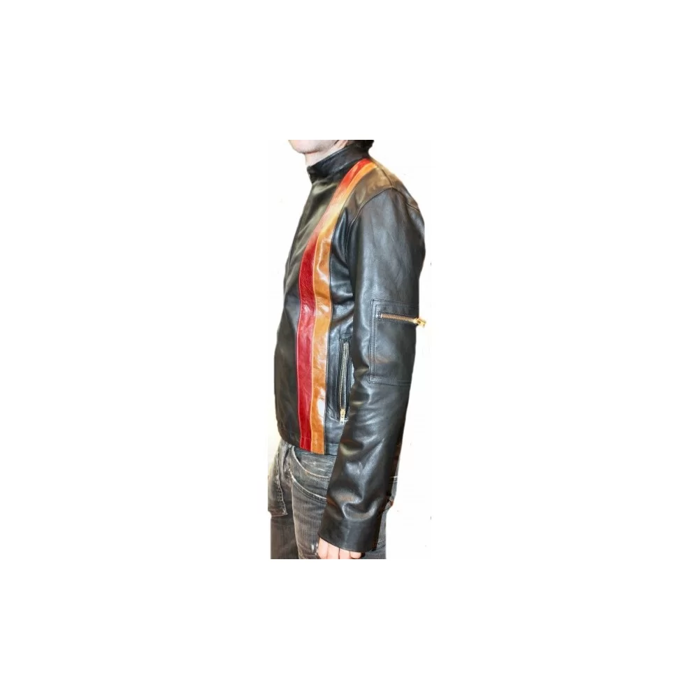 Blouson cuir homme vachette plongé noir et bandes bordeaux et camel modèle Sotty