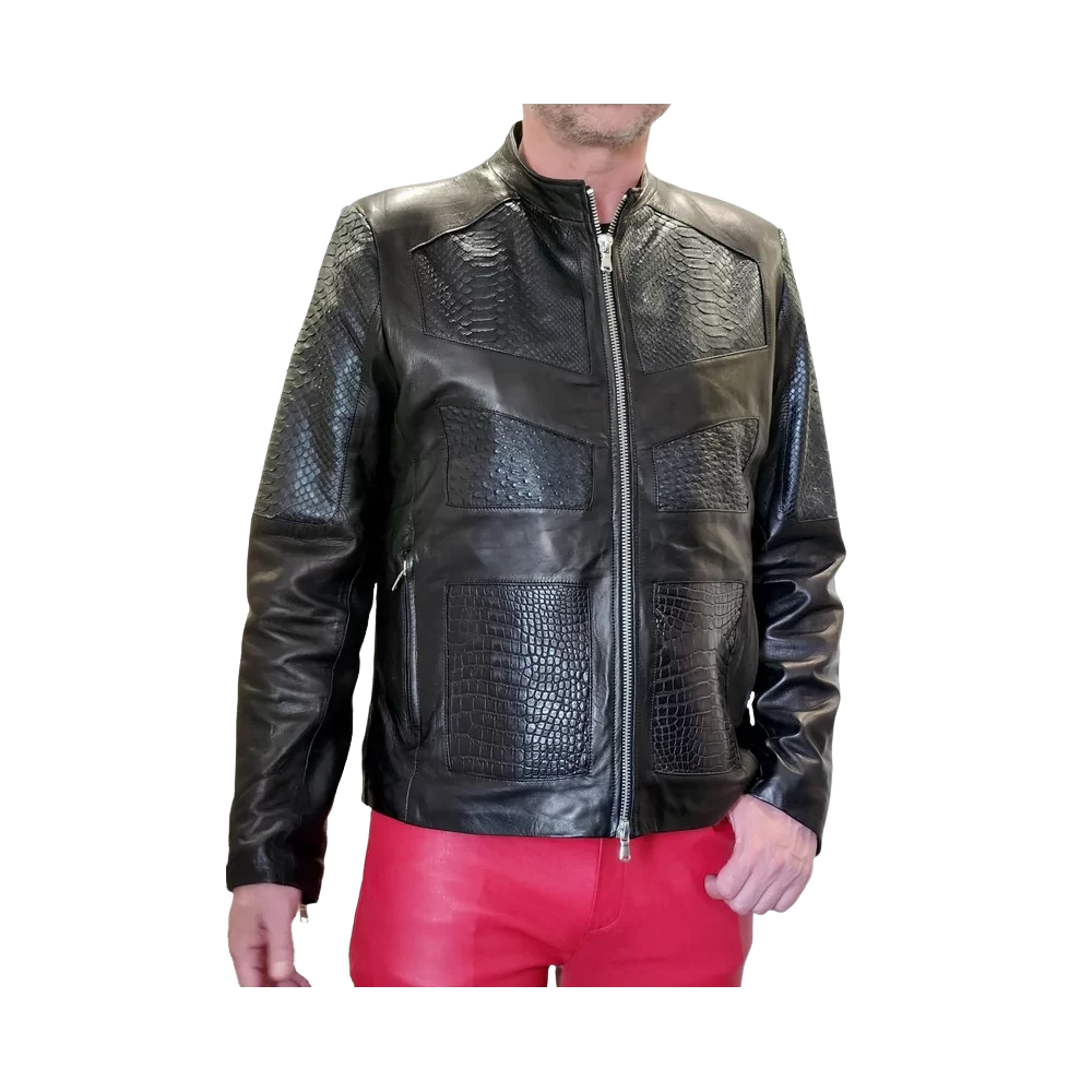 Blouson en agneau plongé noir vec incrustations autruche, python et crocodile véritable modèle Jungle
