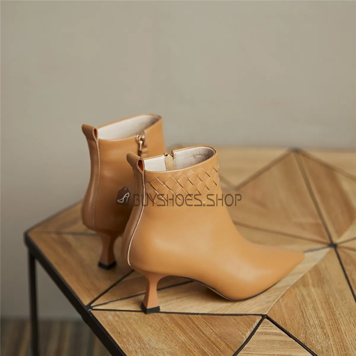 Bout Pointu Talon Mi Haut Bottine Femme Fourrees Cuir Femme