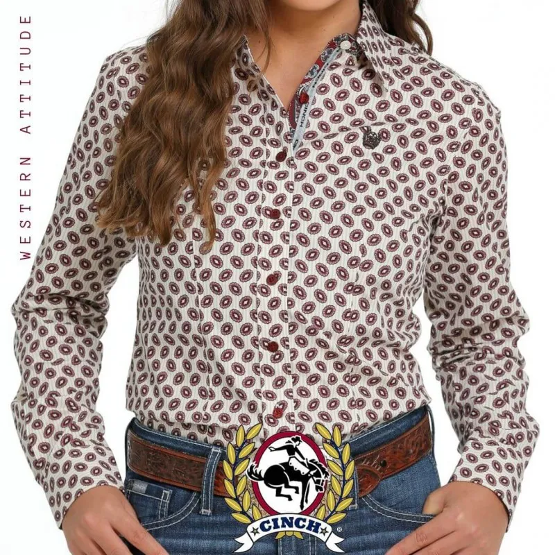 CHEMISE WESTERN FEMME CINCH CREAM/BURGUNDY