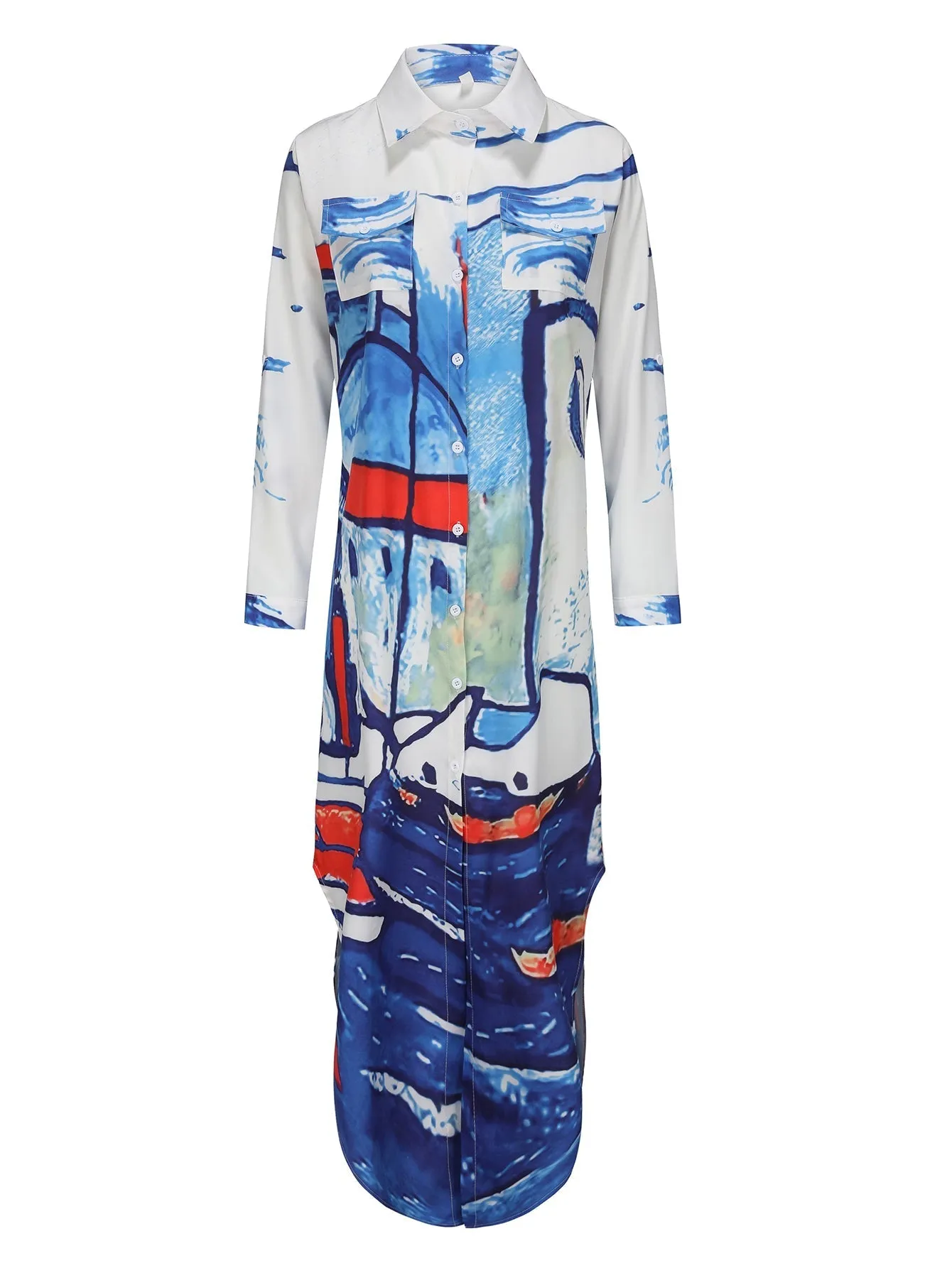 Femmes - Robe à manches longues - Motif visage bleu et blanc - Tendanc