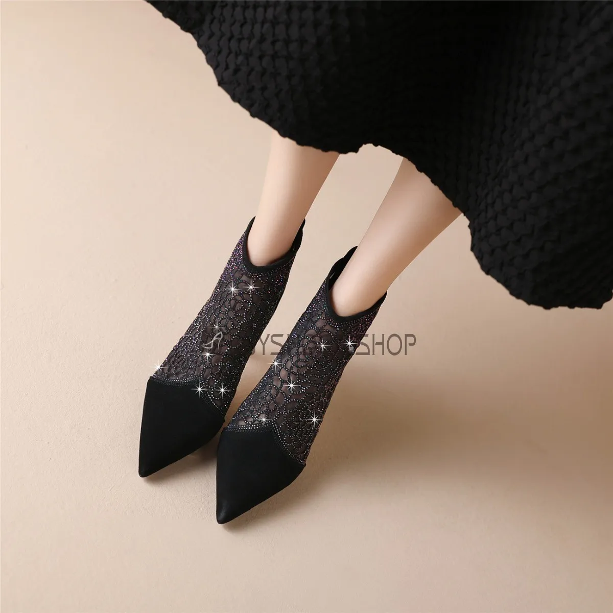 Fermeture Éclair Ceremonie Noir Avec Strass A Talon 7 cm Bottine Sandales Femmes Cuir Daim Chaussure De Soirée Talons Aiguilles 