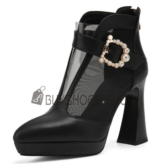 Habillé Talon Carré Talon Epais Belle Talons Hauts Perlé À Boucle Bottine Femme Bout Pointu Ceremonie Filet