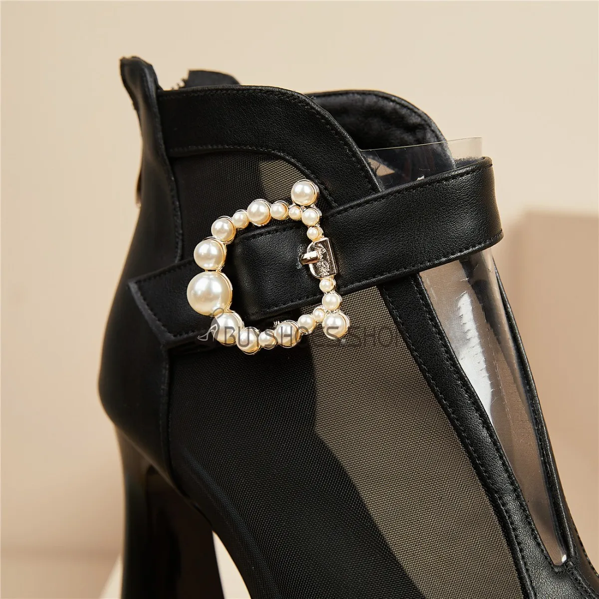 Habillé Talon Carré Talon Epais Belle Talons Hauts Perlé À Boucle Bottine Femme Bout Pointu Ceremonie Filet