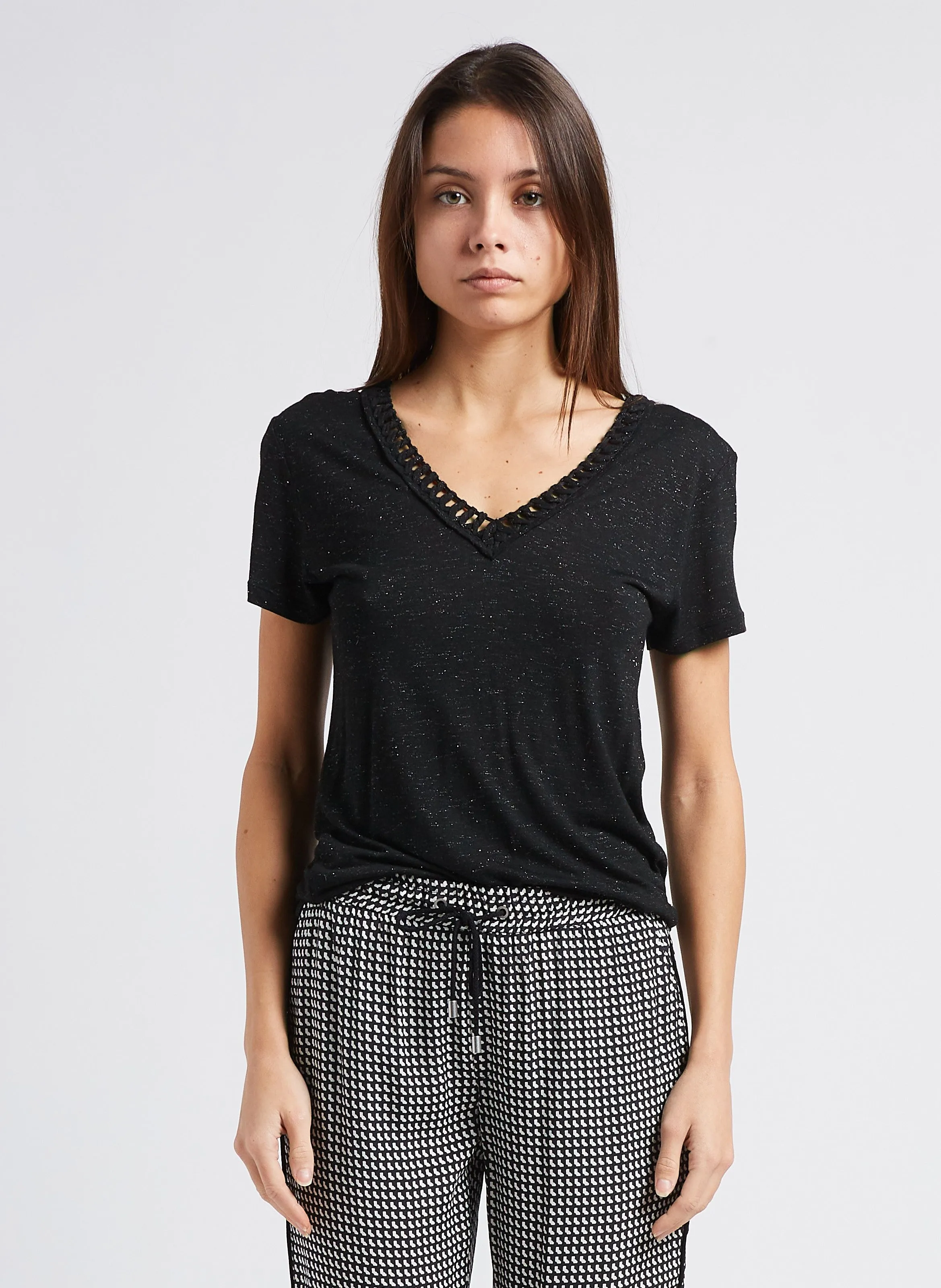 IKKS  Tee-shirt droit encolure v à fibres métallisées - Noir