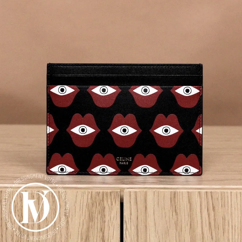 Porte-cartes en cuir noir bouches rouges – Céline