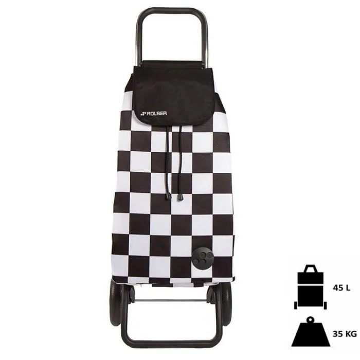 Poussette Rolser, fermeture à lien coulissant, damier blanc/noir