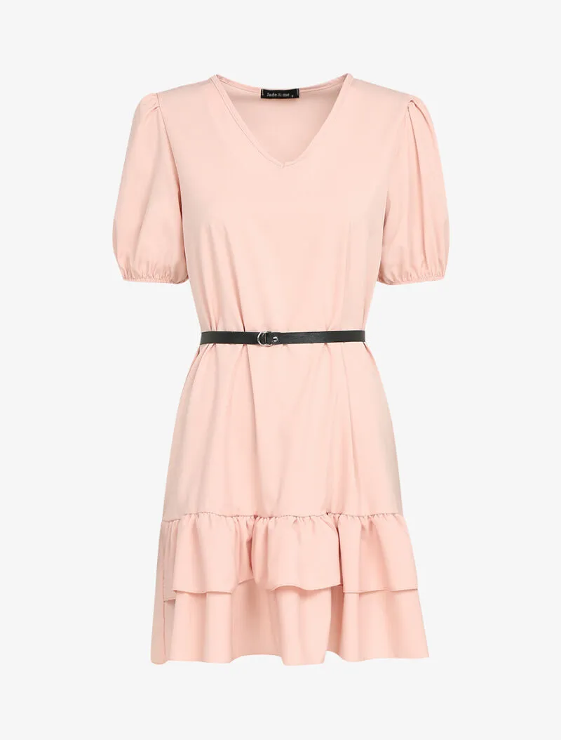 Robe courte unie à manches ballons et bord à basques - rose