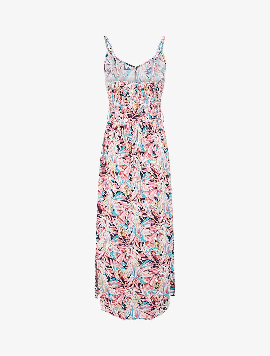 Robe longue évasée à fines bretelles imprimé tropical - Marine/rose
