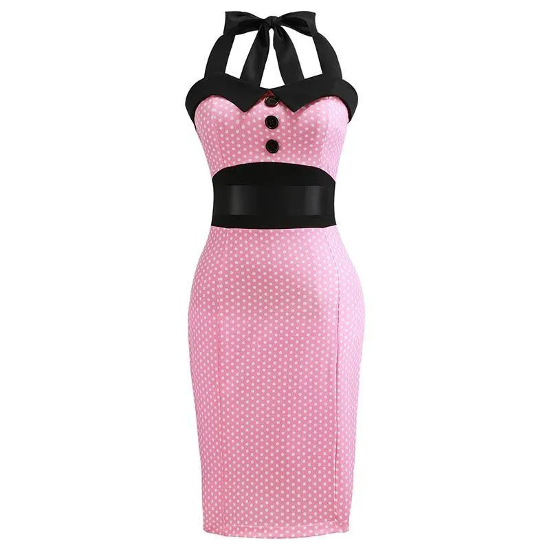 Robe Pin-Up Crayon  Rose à Petits Pois Blancs