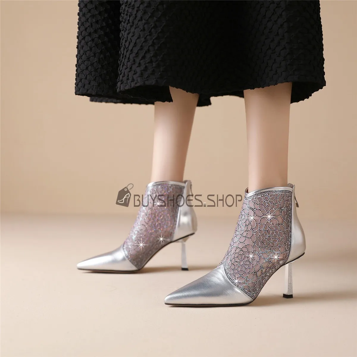 Sandales Femmes Filet Fermeture Éclair Argenté Bottine Moderne Ceremonie 2023 À Talon Brillante Fleurs