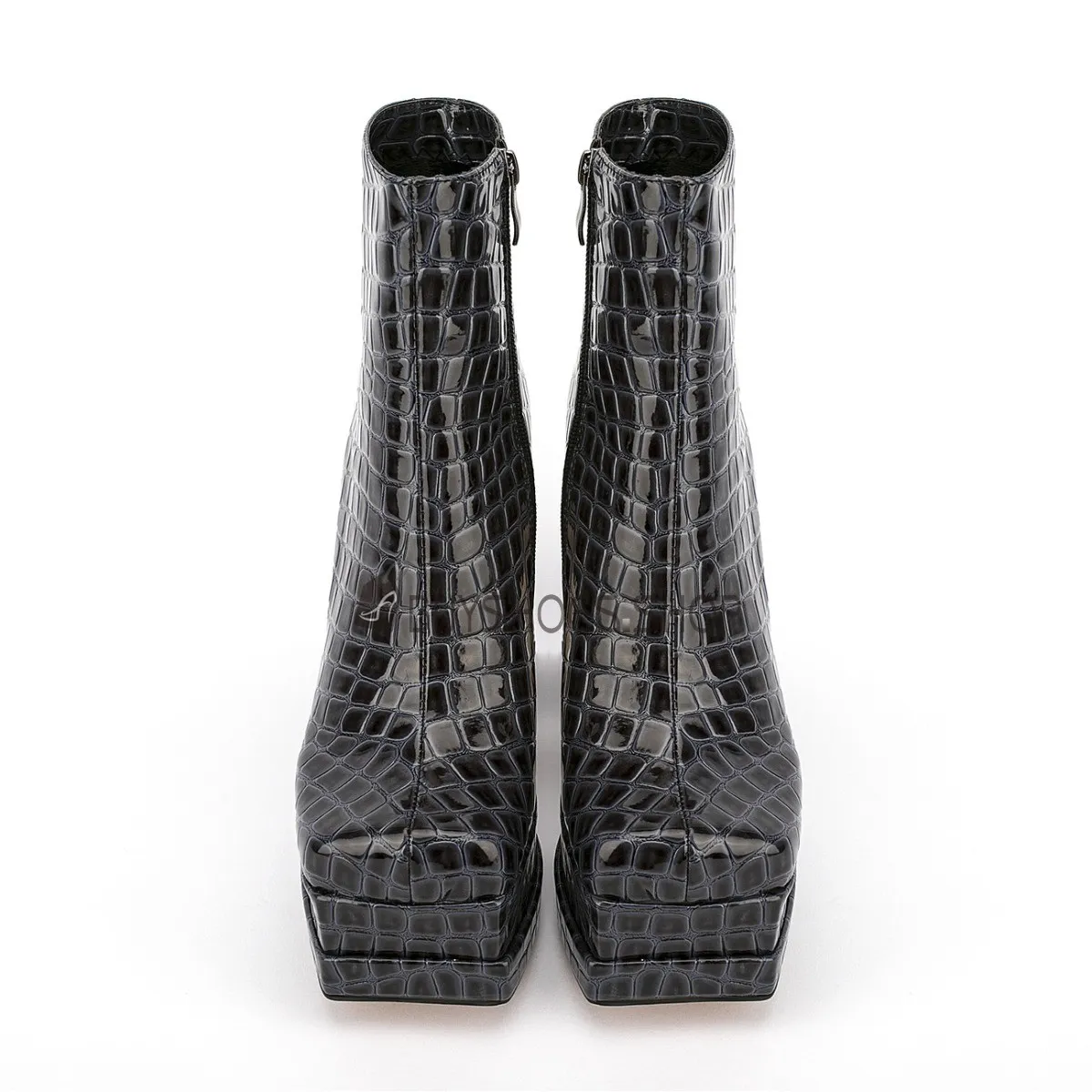 Serpent Talons Epais Bottine Femme Fourrées Vernis Talon 15 cm Noir Talons Carrés