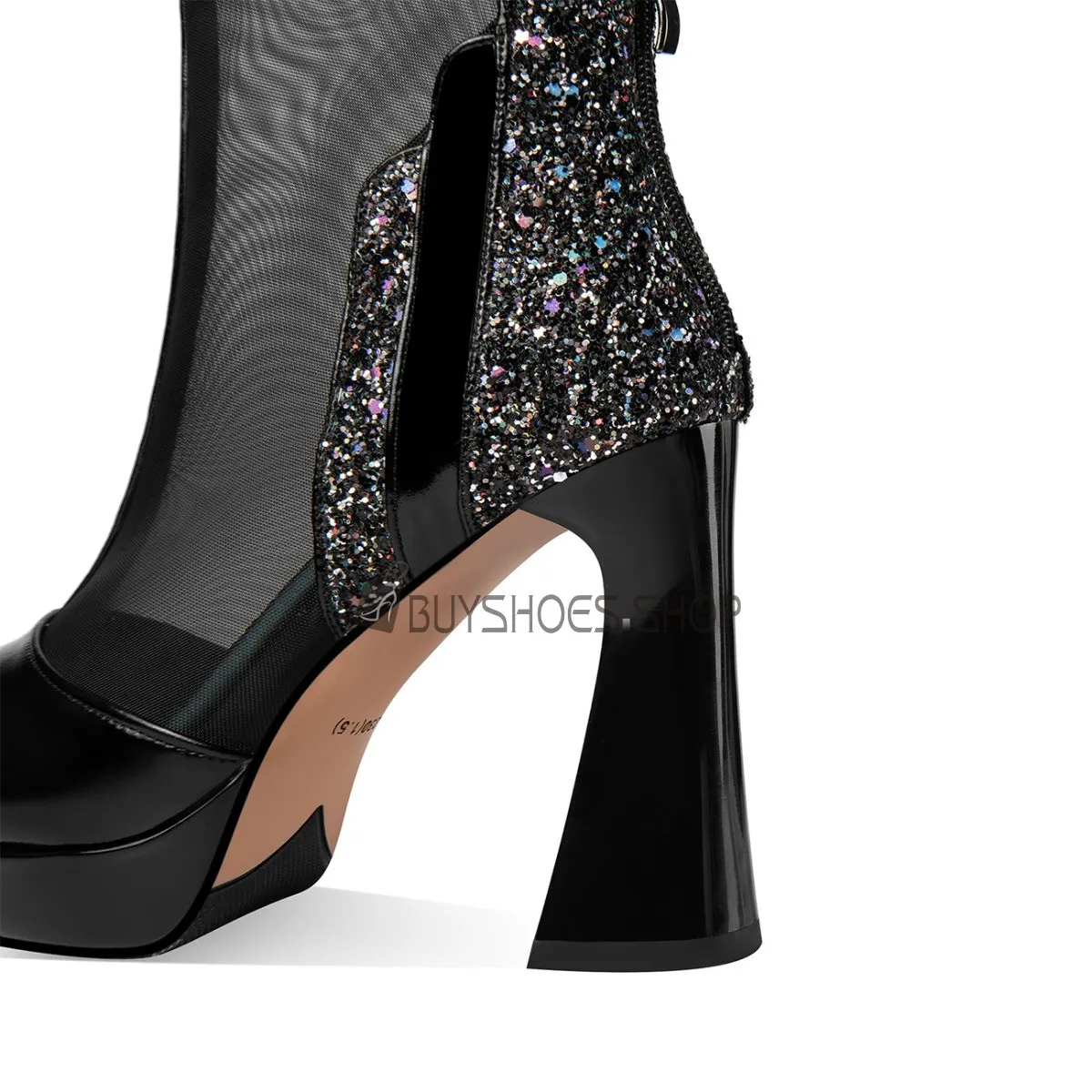 Talon Carré Chaussures Ceremonie Talon Haut Paillettes Filet Cuir Sandale Bottine
