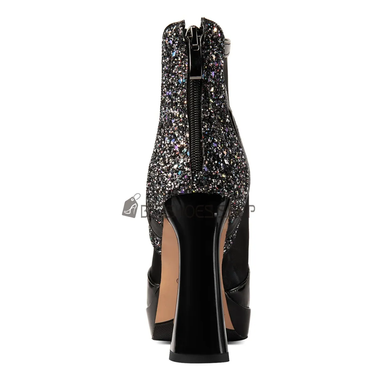 Talon Carré Chaussures Ceremonie Talon Haut Paillettes Filet Cuir Sandale Bottine