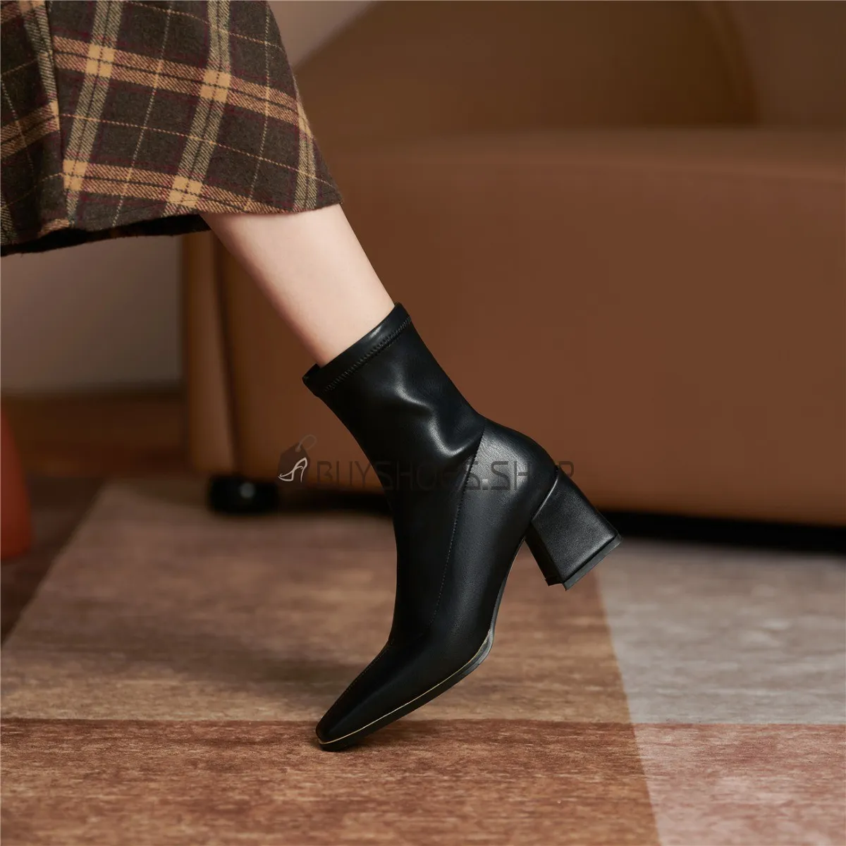 Talons Epais Bottine Femme Talon Carré Stretch Boots Chaussette Talon 6 cm Confortables Boots Femme Vernis