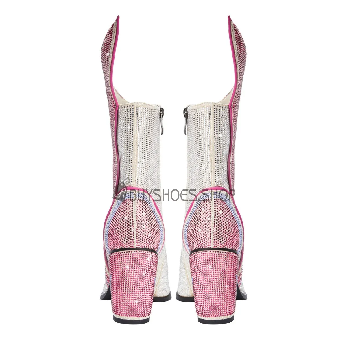 À Talon Carrés Paillette 2024 Brillante Chaussure De Soirée Rose Bottine Femme Ceremonie Avec Strass Boots Femme Avec Colorblock