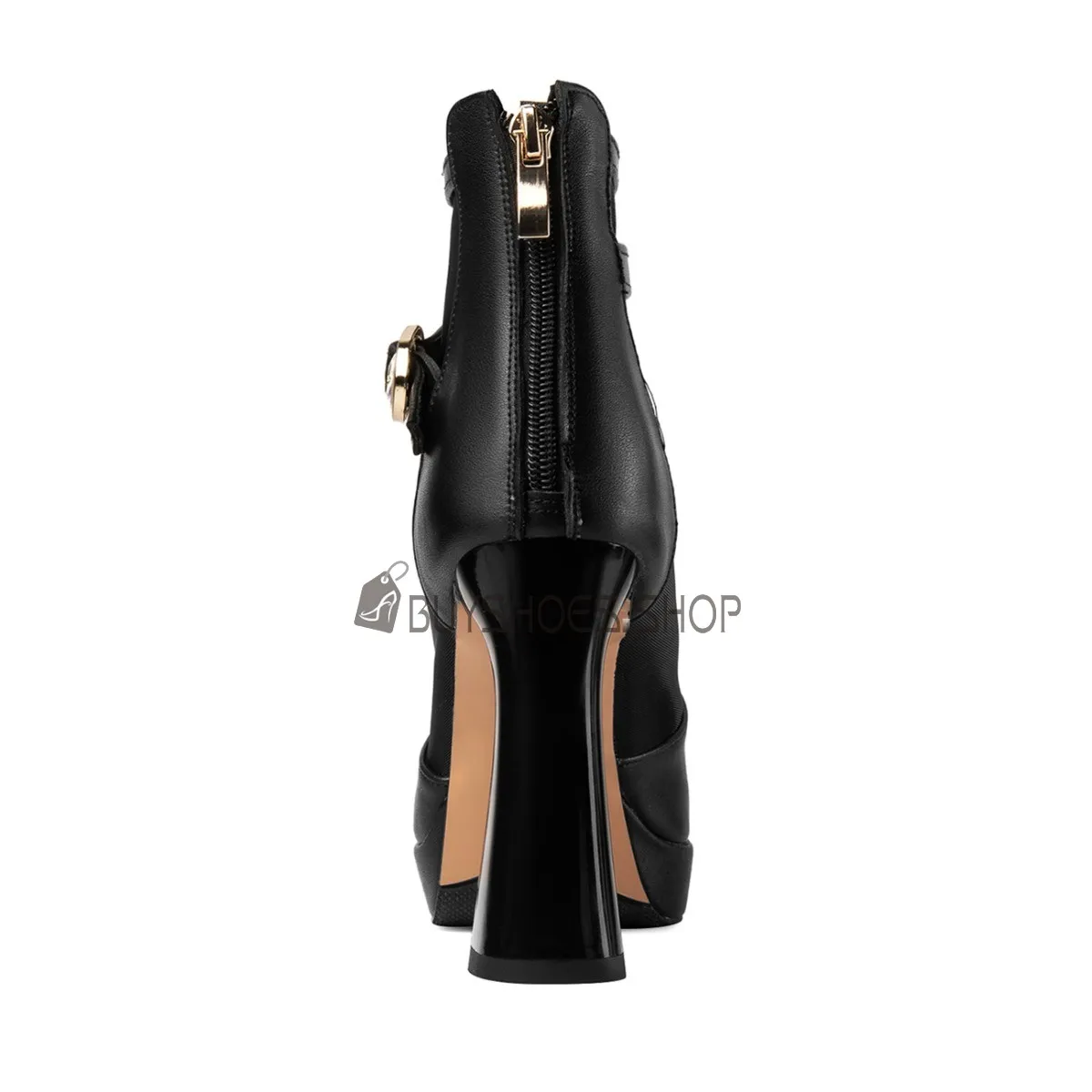 Élégantes Cuir Bout Pointu Filet Fermeture Éclair Bottine Talon Carré Classique A Talon 10 cm